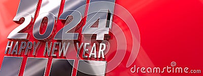 Happy New Year 2024 in silver metal with red background Stock Photo