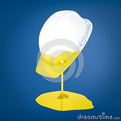 3d rendering of a hard hat which has been dipped in yellow paint with a paint puddle below. Stock Photo