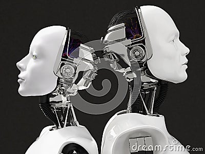 3D rendering of the heads of a female and male robot. Stock Photo