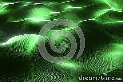 3d rendering Hi-tech digital terrain, green abstract space on dark background with connecting dots and lines. Stock Photo