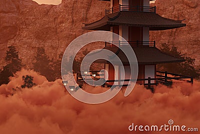 3D rendering of high pagoda over sea of clouds Stock Photo