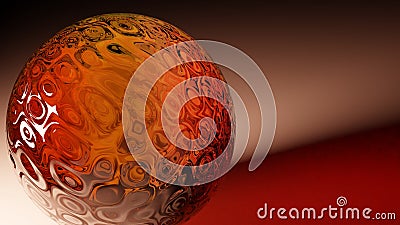 3D rendering. 3D high quality render. A giant glass sphere with an abstract pattern with liquid effect and orange color floating Stock Photo