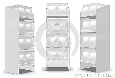 3D rendering - High resolution image pos floor display box with pouch template isolated on white background, high quality details Stock Photo