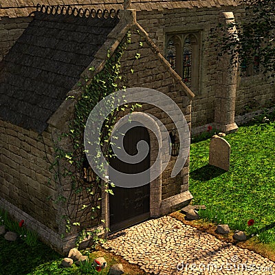 3d illustration of a fantasy church with graveyard Stock Photo
