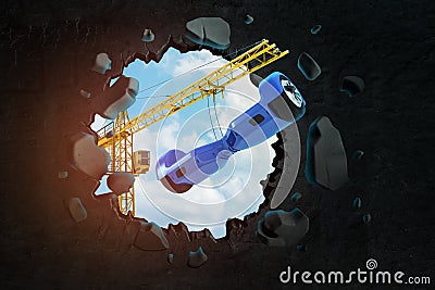 3d rendering of hoisting crane carrying blue mini segway which is breaking through black wall with blue sky seen through Stock Photo