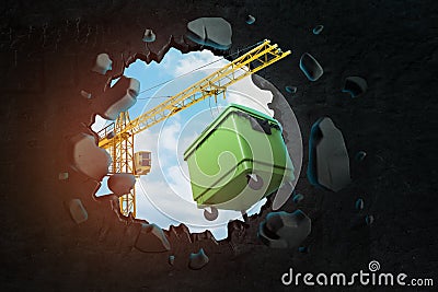 3d rendering of hoisting crane carrying green trash can which is breaking hole in black wall with blue sky seen through. Stock Photo