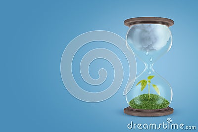 3d rendering of an hourglass with thick clouds in its upper half and a green sprout in the lower half on a light-blue Stock Photo