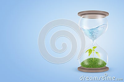 3d rendering of an hourglass with water in its upper part dripping down to the lower part which contains a green sprout. Stock Photo