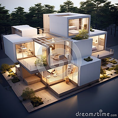 3D Rendering of house, architecture draft of luxury building with three floor. Ai, AI Generated Stock Photo