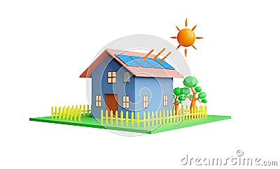 3d Rendering House with solar panels on the roof and sun illustration isolated on white background concept Helping to reduce Cartoon Illustration