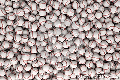 3d rendering of a huge heap of white baseballs with red stitching in top view. Stock Photo
