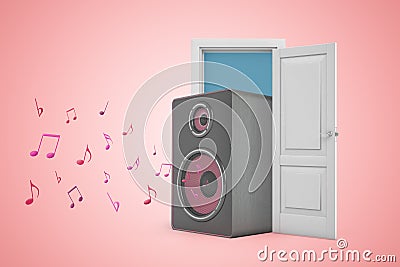 3d rendering of huge music column speaker occupying whole doorway and emitting lots of pink notes on pink copy space Stock Photo