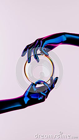 3D rendering of human hands holding a floating bubble on a pale pink backdrop Stock Photo