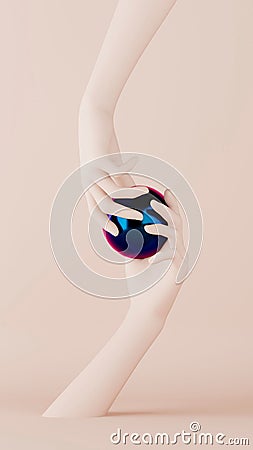 3D rendering of human hands stretched toward each other holding a circle shaped object Stock Photo