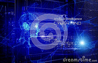 3d rendering human head, binary code and neural connections on server background as visualization of artificial intelligence Stock Photo