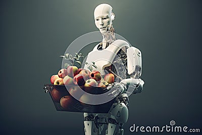 3d rendering humanoid robot holding a basket of apples over grey background, Futuristic AI robot farmer holding a basket of fresh Stock Photo