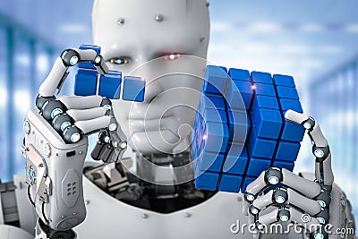 Robot playing puzzle Stock Photo