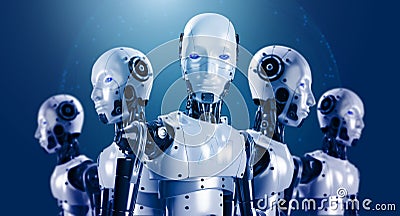 3d rendering of humanoid robot team, robotics army, cyborg machines on blue digital global network background. Stock Photo