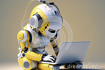 3d rendering humanoid robot working with headset and notebook Stock Photo