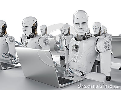 Robots work on laptop Stock Photo