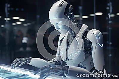 3d rendering, humanoid robots working on tablet and notebook Smart factory, industry 4.0, M2M computer aided manufacturing, AI Stock Photo