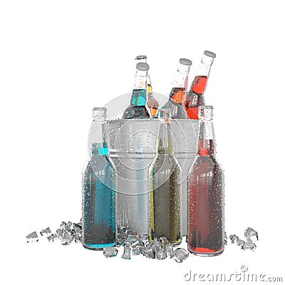 three different colored bottles of soda in an ice bucket, 3d rendering Stock Photo