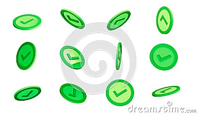 3d rendering icon with check mark in 360 degree rotated in diferent sides. Green application flying icon for design Cartoon Illustration