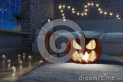 3d rendering of illuminated jack o` lantern standing on rug sofa Stock Photo