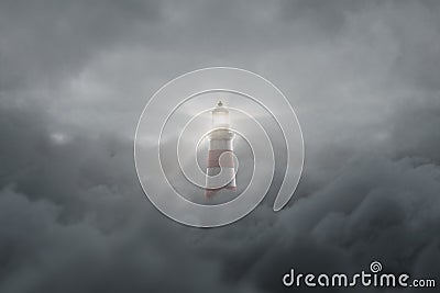 3d rendering of an illuminated lighthouse over fluffy darken clouds Stock Photo