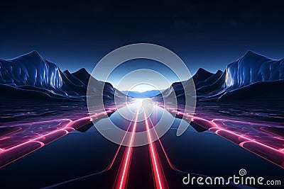 3D rendering illuminates a mysterious road with vibrant glowing neon lines Stock Photo