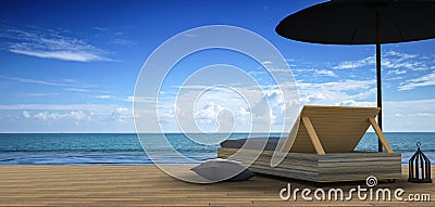 3D Rendering : illustration of Beach lounge - Sundeck and Sea view for vacation and summer on brown wooden floor.minimalism Cartoon Illustration