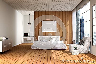 3D rendering : illustration of big spacious bedroom in soft light color.big comfortable double bed in elegant modern bedroom Cartoon Illustration