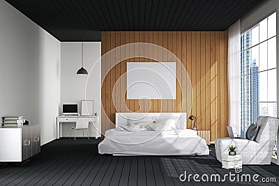 3D rendering : illustration of big spacious bedroom in soft light color. big comfortable double bed in elegant modern bedroom Cartoon Illustration