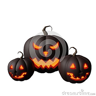 3d rendering illustration 3 black jack o' lantern pumpkin head scary halloween ornament design theme Stock Photo