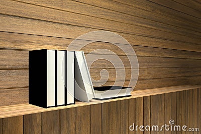 3D rendering : Illustration of books on wooden shelf or wooden bar against wooden wall Stock Photo