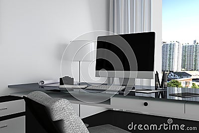 3D Rendering : illustration close up of Creative designer office desktop with blank computer,keyboard,camera,lamp and other items Cartoon Illustration