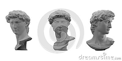 3D rendering illustration of Head of Michelangelo's David in 3 views. Cartoon Illustration
