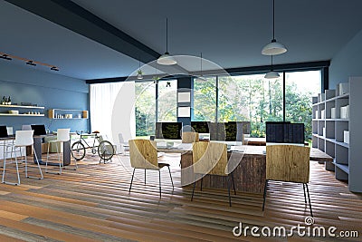 3D Rendering : illustration of internet pc cafe decoration interior or pc office of computer worker interior. Cartoon Illustration