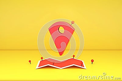 3D rendering : Illustration of Locator mark of map and location pin or navigation icon sign on paper map. Yellow background. navig Stock Photo