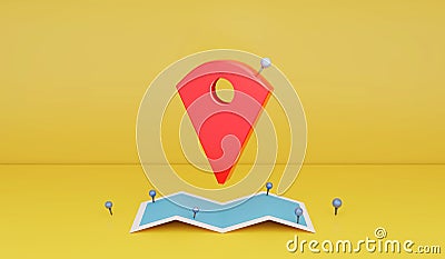 3D rendering : Illustration of Locator mark of map and location pin or navigation icon sign on paper map. Yellow background. navig Stock Photo