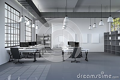 3D Rendering : illustration of modern interior Creative designer office desktop with PC computer.computer labs.working place Cartoon Illustration