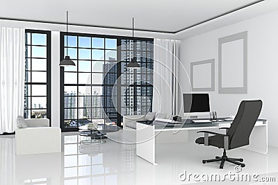 3D Rendering : illustration of modern interior white office of Creative designer desktop with PC computer,keyboard,camera,lamp Cartoon Illustration