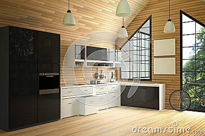 3D Rendering : illustration of modern loft interior kitchen room.kitchen part of house.black and white shelf.Mock up.wooden tile Cartoon Illustration