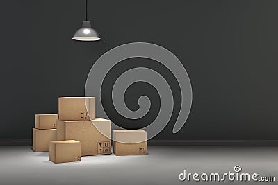 3D rendering : illustration of moving boxes at a new office.new home.Interior moving house with cardboard boxes. Cartoon Illustration