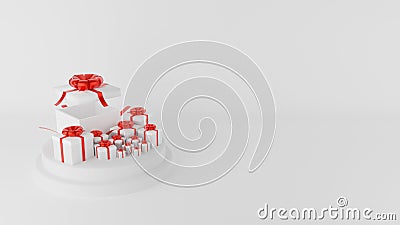 3D Rendering illustration. Open and close white gift box with red ribbon on circle podium white colour. Merry Christmas and Happy Cartoon Illustration
