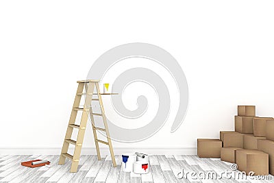 3D rendering : illustration of repair ladder for painter of wall painting.decoration your home concept.re-new your home concept. Cartoon Illustration