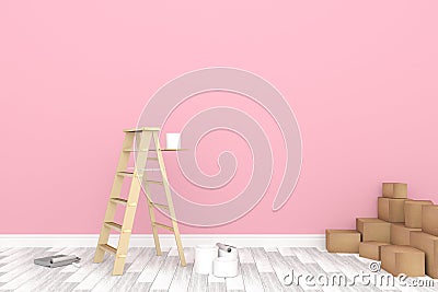 3D rendering : illustration of repair ladder for painter of wall painting.decoration your home concept.re-new your home concept. Cartoon Illustration