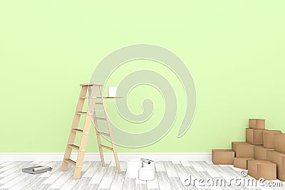 3D rendering : illustration of repair ladder for painter of wall painting.decoration your home concept.re-new your home concept. Cartoon Illustration