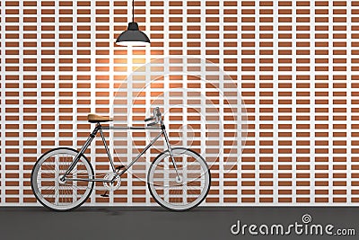 3D rendering : illustration of retro bicycle and vintage lamp hanging on the roof against of the red brick wall.background. Cartoon Illustration