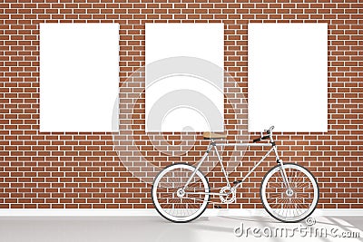 3D rendering : illustration of retro vintage bicycle and vintage metal lamp hanging on the roof against of the red brick wall. Cartoon Illustration